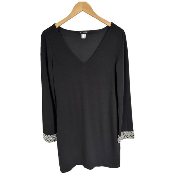 Venus Little Black Dress V-Neck Long Sleeves Sparkly Jeweled Cuffs Size Small - Picture 7 of 11